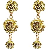 YUNXI Long Tassel Chain Red Rose Flower Dangle Drop Stud Earrings for Women Statement Jewelry