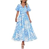 ZESICA Women's 2026 Summer Floral V Neck Midi Dress Boho Short Sleeve High Waist Flowy Beach Vacation Dresses with Belt