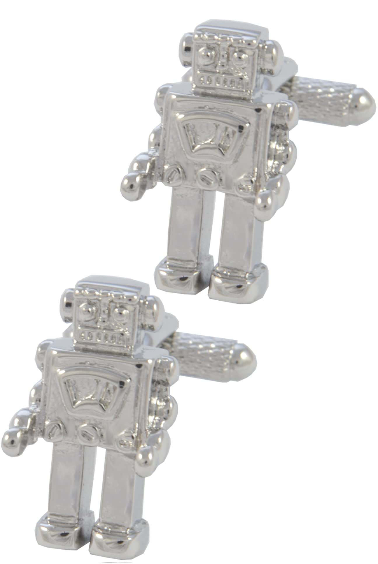 Cufflinks for Men + Presentation Box - Silver Colour - Robot - Solid Brass Metal - Modern Technology Mechanics Engineering - One Pair