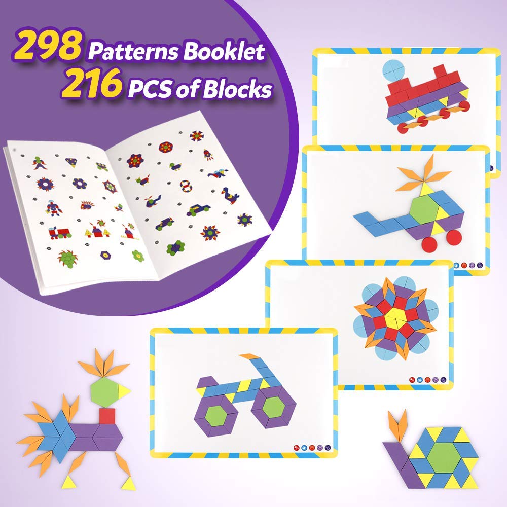 Vanmor 216PCS Magnetic Pattern Blocks Set Complete with 298 Pattern Book Magnet Board Magnetic Shapes for Kids Educational Montessori Tangram Toy for Children Aged 3 8 Portable Travel Game