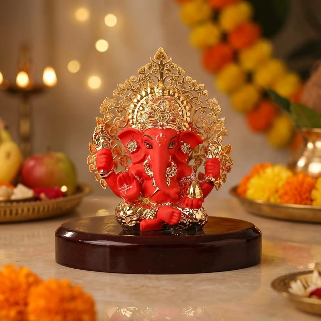 House Of Wemy 24k Gold Plated Ganesh Idol/Murti with Kalpavriksh Tree | Ganpati Statue for Car Dashboard, Office Table, Desk, Hindu Gifting and Home Aesthetic Decoration - Resin | 4x3.2x1 Inches (Red)