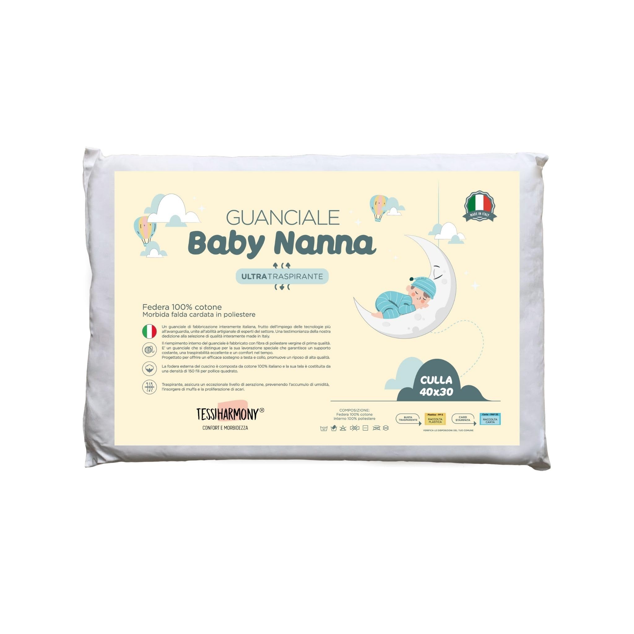 tessiharmony - Small Baby Cot and Cot Pillow 40 x 30 cm Safe Sleeping 100% Cotton 0 1 2 Years for Nursery Travel Camping Pram Breathable Anti-Dust Mite and Hypoallergenic Made in Italy