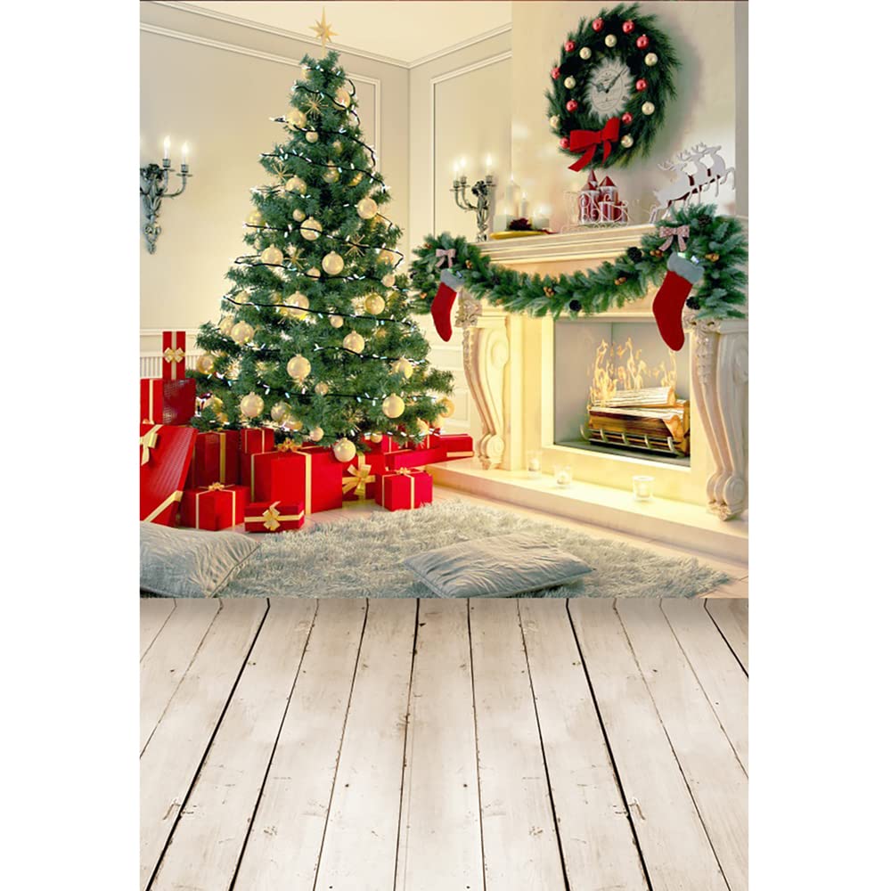 Aoihrraan 2x3m Christmas Party Decor Photography Backdrop Xmas Tree Fireplace Socks Red Gift Wood Floor Interior Background New Year Family Party Festival Celebrate Portrait Photo Studio Props