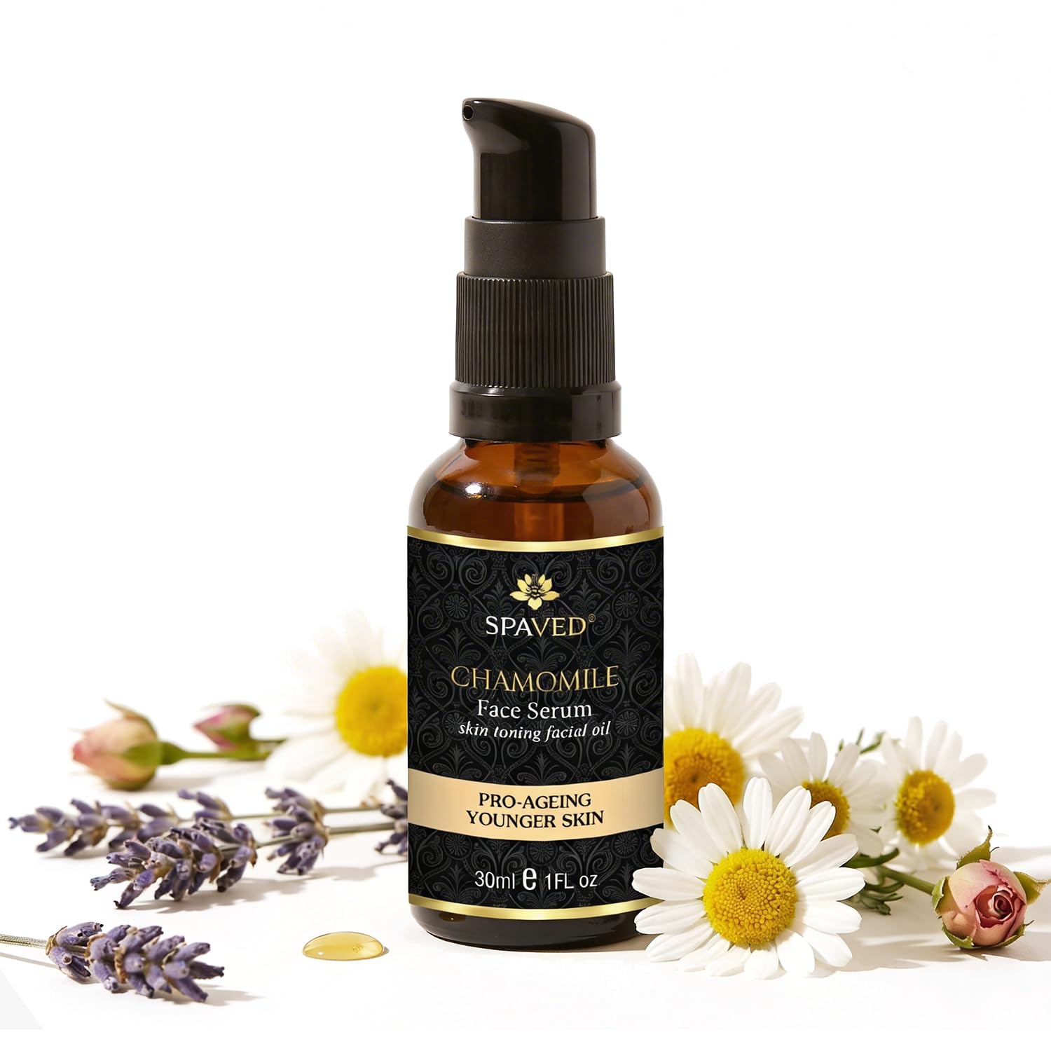 Spaved Chamomile Face Oil 30ml - Calming, Nourishing Night Oil with Rosehip, Lavender, Vitamin E - Supports Relaxation, Hydration & Radiance for Sensitive, Mature Skin - Vegan Skincare