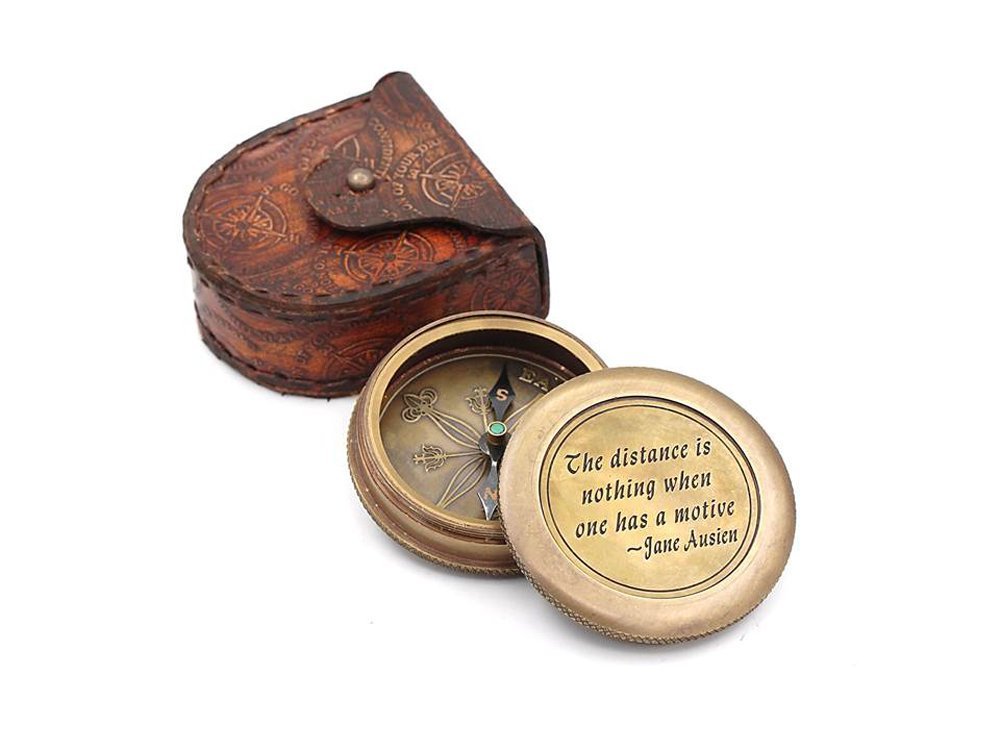 "The distance is nothing when one has a motive", Quote By"Jane Austen" Engraved Solid Brass Compass With Case.