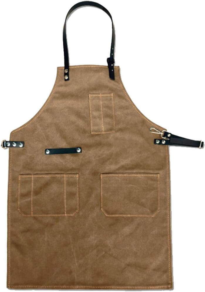 Leather Strap Brown Heavy Duty Canvas Apron for Men Women Barbershop Hairdresser Women .Personalized Utility Apron With Pockets.Can Customize Business Logo.