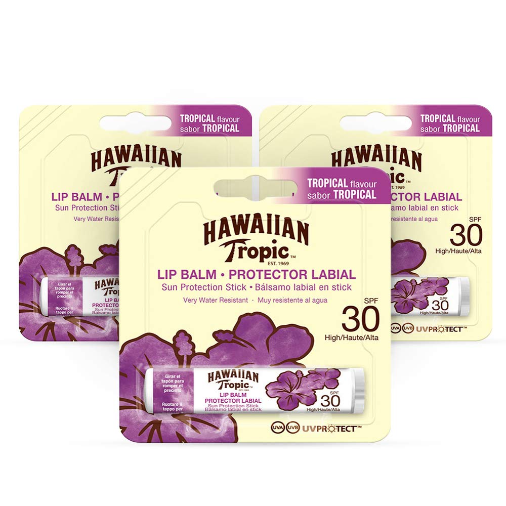 Hawaiian Tropic Lip Balm Pack of 3 – Sunscreen Lip Balm SPF 30, Tropical Flavor, 4 g