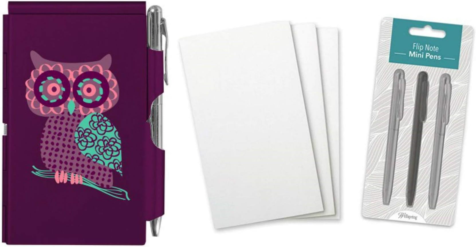 Wellspring Flip Note Notepad Set: Purple Owl Flip Note, 3 Flip Note Refill Pads and a 3 Mini Pen Refill
