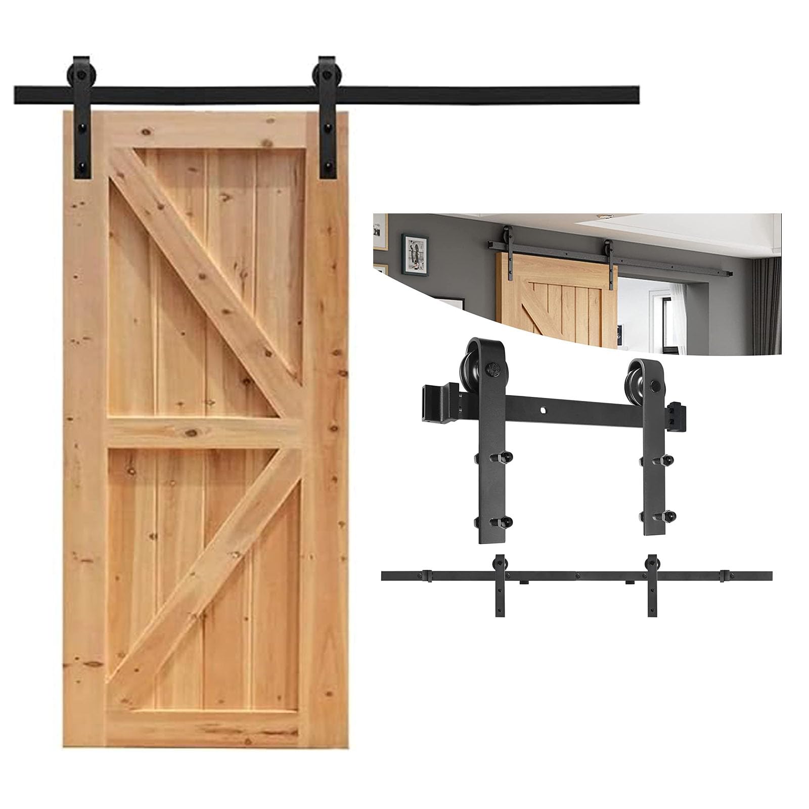 Betensh 6.6FT/200cm Sliding Single Door Track Barn Door Track Kit Hardware Sliding Barn Doors Hardware Black J-Shaped Hangers