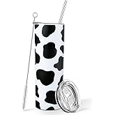 Honeydak 20 oz Cow Print Tumbler with Lid and Straw Stainless Steel Insulated Thermal Slim Skinny Tumbler Cow Print Cups Cute Coffee Cup Mug for Women(Black and White)