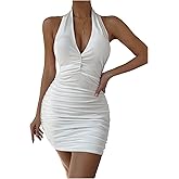 WDIRARA Women's Ruched Backless Halter Bodycon Dress Deep V Neck Sleeveless Mini Dresses Party Clubwear
