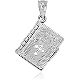 Claddagh Gold Religious Jewelry .925 Sterling Silver 5/8" 3D Hinged Book with Pages Holy Bible with Lord s Prayer Bottonee Cross Pendant Charm