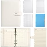 A5 6 Ring Planner Binder - Refillable PU Leather Notebook Organizer with 80 Line Sheets, Monthly Sheets, Plastic Pockets and Dividers, Beige