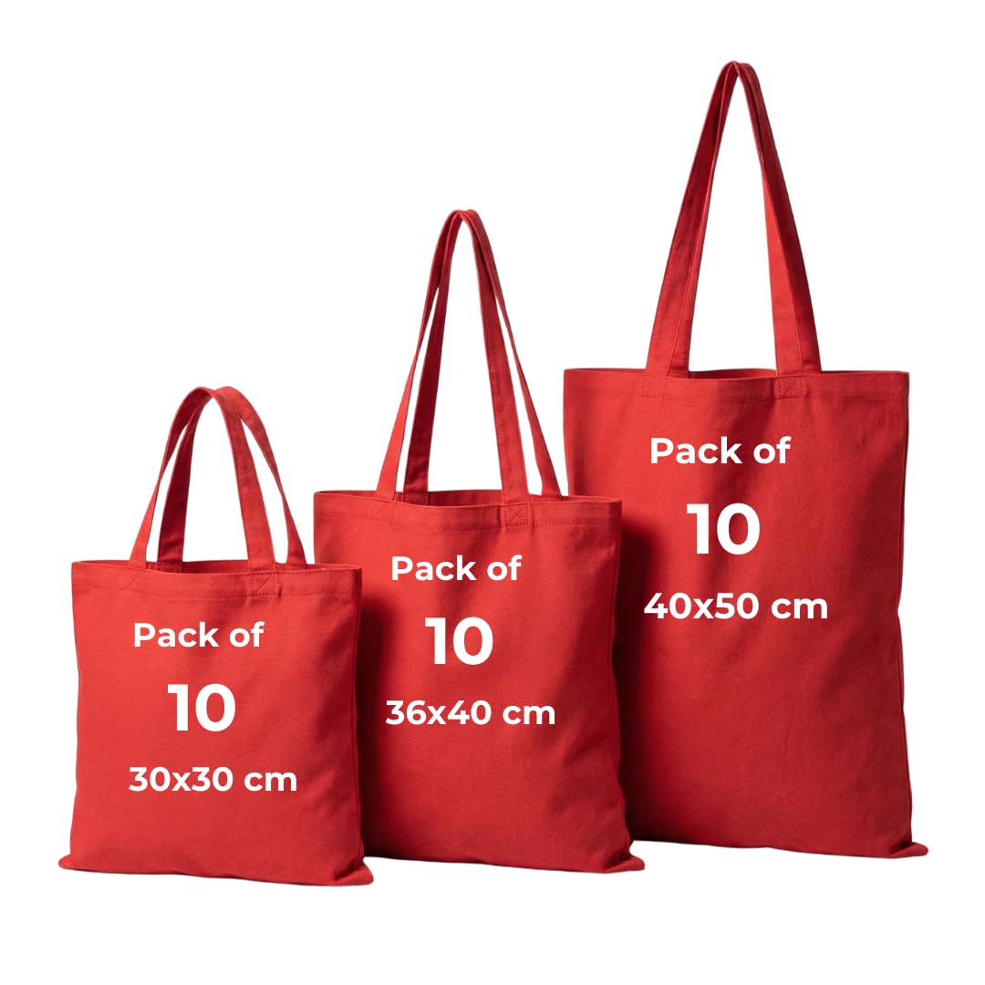 IMFAA Pack of 10 Premium-Quality Long Lasting 100% Cotton Canvas Tote Reusable Shopping Bags Ideal for Printing and Embroidery (Red,Large 50x40x60)