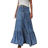 chouyatou Women's 2026 Casual A-Line Tiered Maxi Jean Skirt Flowy Swing Pleated Boho Long Denim Skirt