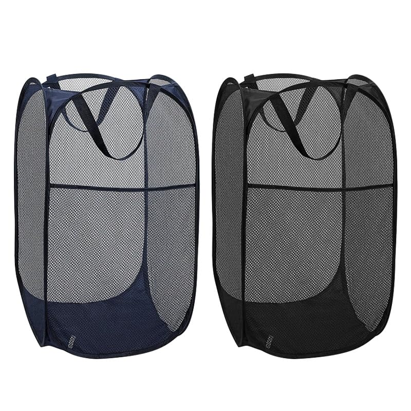 Collapsible Laundry Baskets,Foldable Mesh Laundry Washing Basket,Laundry Pop up basket with Handles,Laundry Hamper with Side Pocket for Bathroom,Bedroom Clothes Tidy Storage(Black+Blue)(2 Pack)