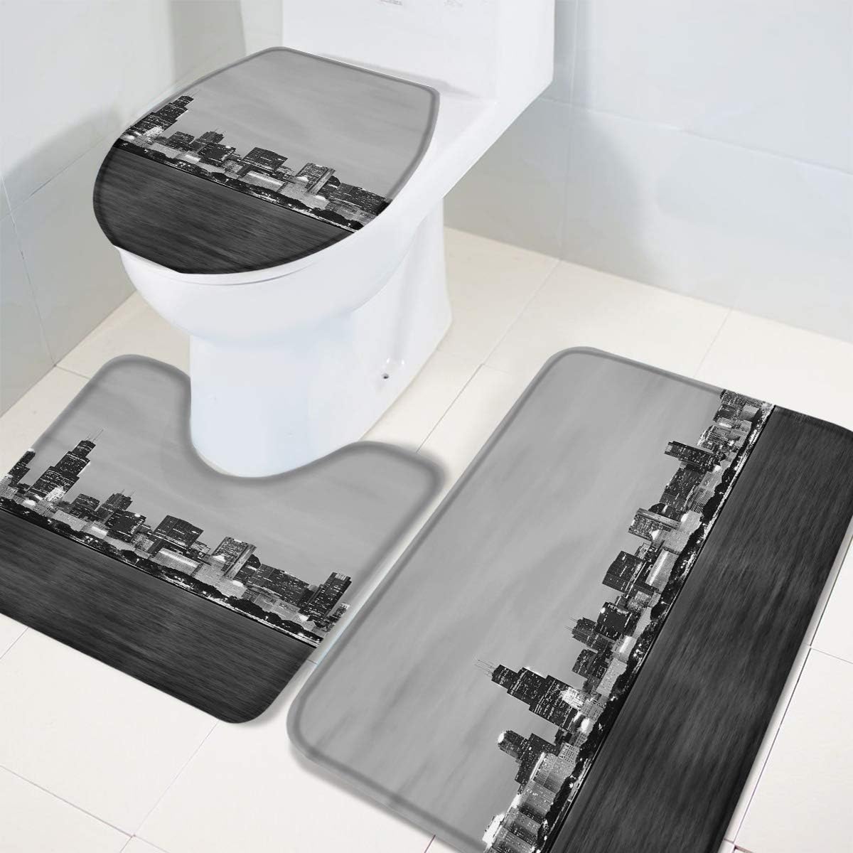 Beauty Decor Bathroom Rugs 3 pc Non-Slip Contour Toilet Mat, Absorbent Bath Mat Set for Tub, Shower,Toilet Black and White Chicago Cityscape
