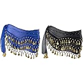 Hitopin 2-Piece Belly Dance Hip Scarves with 128 Gold Coins, Belly Dance Skirt, Women's (Black, Blue)