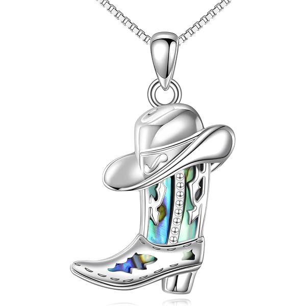 POPLYKE Sterling Silver Cowgirl Boot & Hat Necklace - Western Turquoise Cubic Zirconia Pendant, 18" Chain