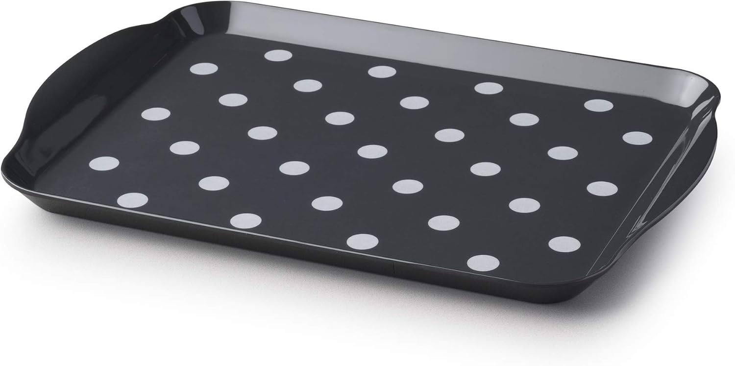 Zeal Melamine Food Serving Tray with Handles and Lipped Edges, Dotty Polka Dot Serving Lap Tray 30 x 21cm, Dary Grey