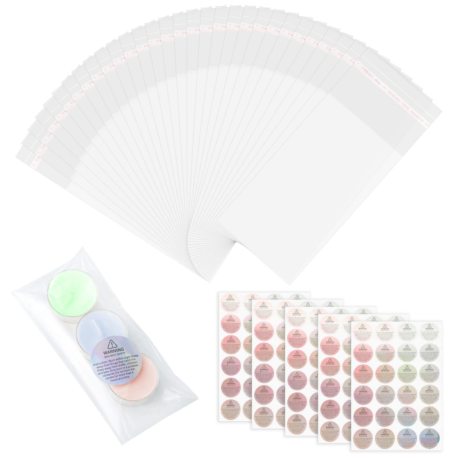 120 Pcs Wax Melts Packaging, Packaging Bags for Soap, Gifts, Sweet, Jewelry(2.75x7inches) + 120 Pcs Candle Warning Labels Candle Jar Container Stickers Candle Soap Stickers