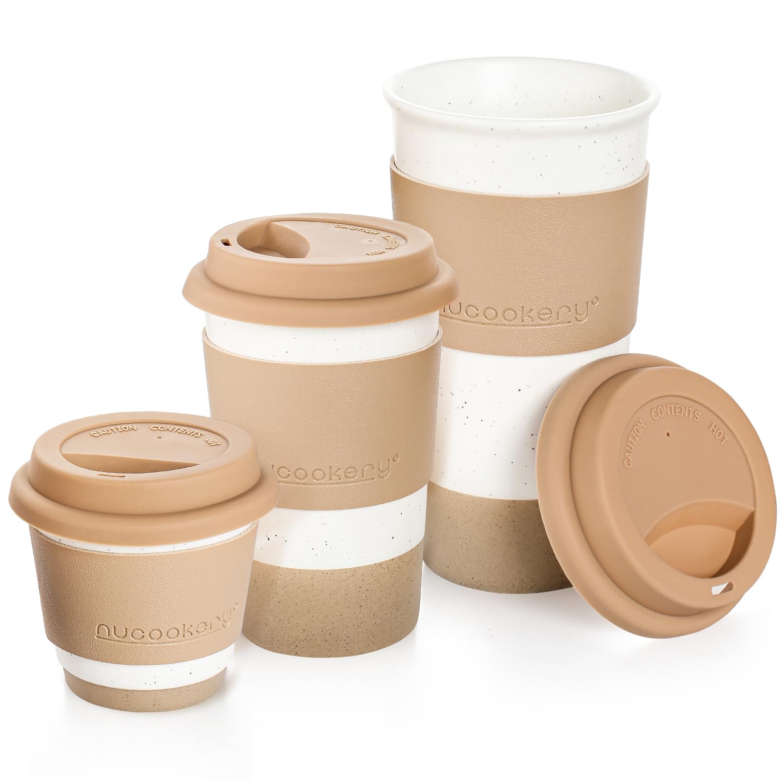 Photo 1 of Nucookery Ceramic Travel Coffee Mug Set, Coffee Tumbler with Silicone Lid and Non-Slip Sleeve, Unique To Go Mug, Gifts for Women & Men, Microwave Safe Cappuccino, Tea, Latte, Iced-Coffee Cups, White