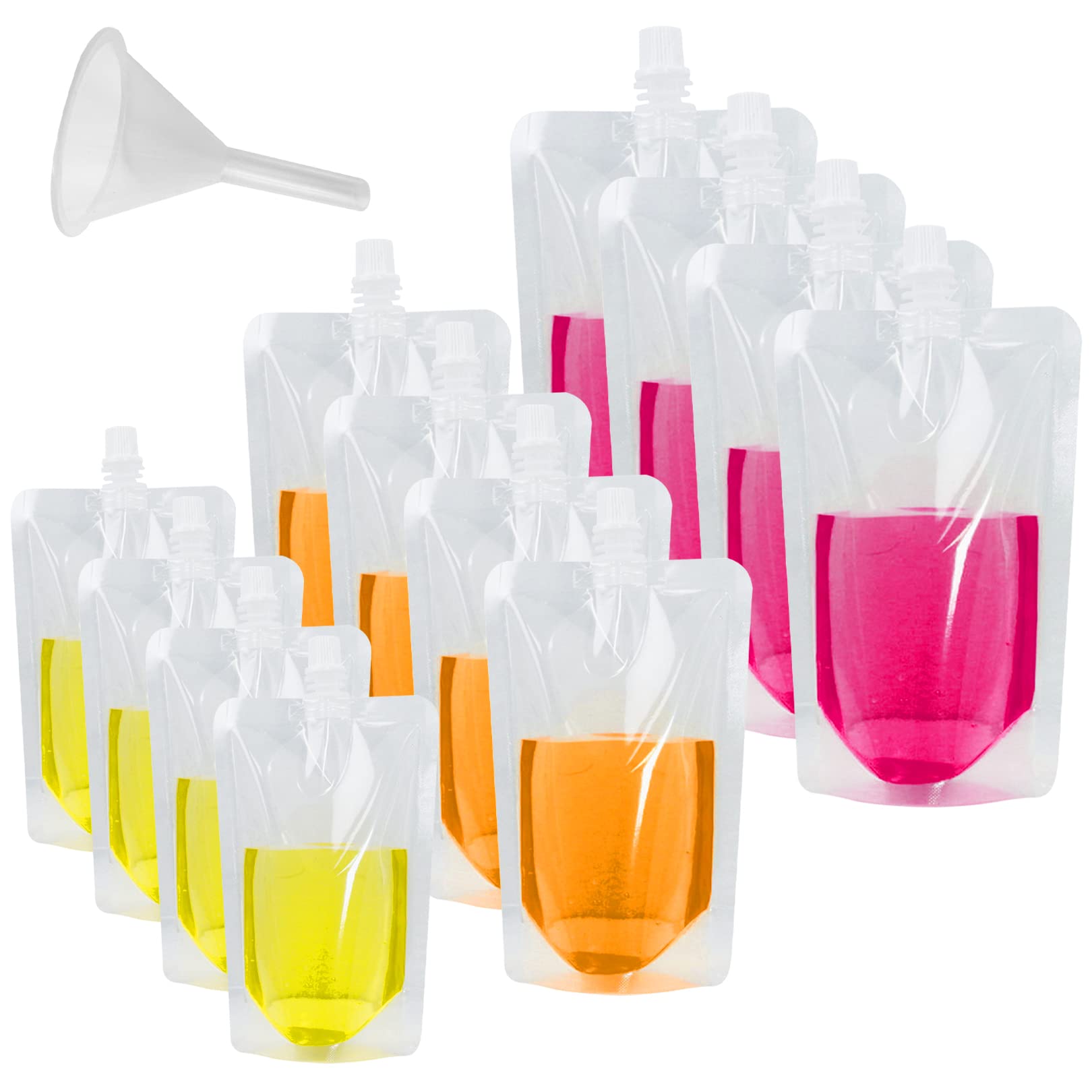 12Pieces Reusable Drink Pouches Travel Drink Flasks Liquor Pouch with Spout and 1 Pieces Drink Flask Funnel for Picnic Camping Party Beverage Drinks, 300ml, 420ml, 500ml