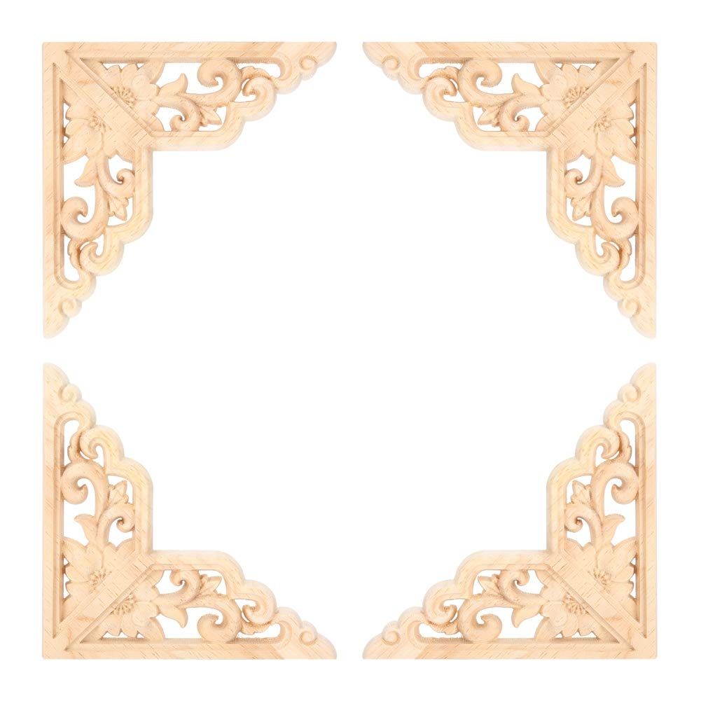 4PCS Wood Corner Decal, Wood Carved Onlay Applique Woodcarving Corner Decal Home Furniture Decoration for Wooden Furniture Decor
