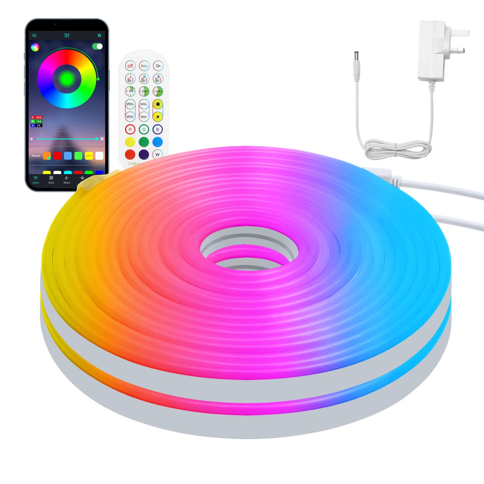 HOUHUI Neon LED Strip Lights, 3m RGB Neon Rope with Remote, IP67 Waterproof, Music Sync DIY Design for Bedroom, Gaming & Kids Wall Decor