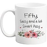 LXQM 50 Birthday Gifts for Women - Fifty Sassy And A Bit Smart Assy Mug - 11 oz Coffee Mug 50th Birthday Mug 50th Gift Ideas to Wife, Grandma, Boss, Girlfriend, Teacher, Mom, Daughter, Sister, Friend