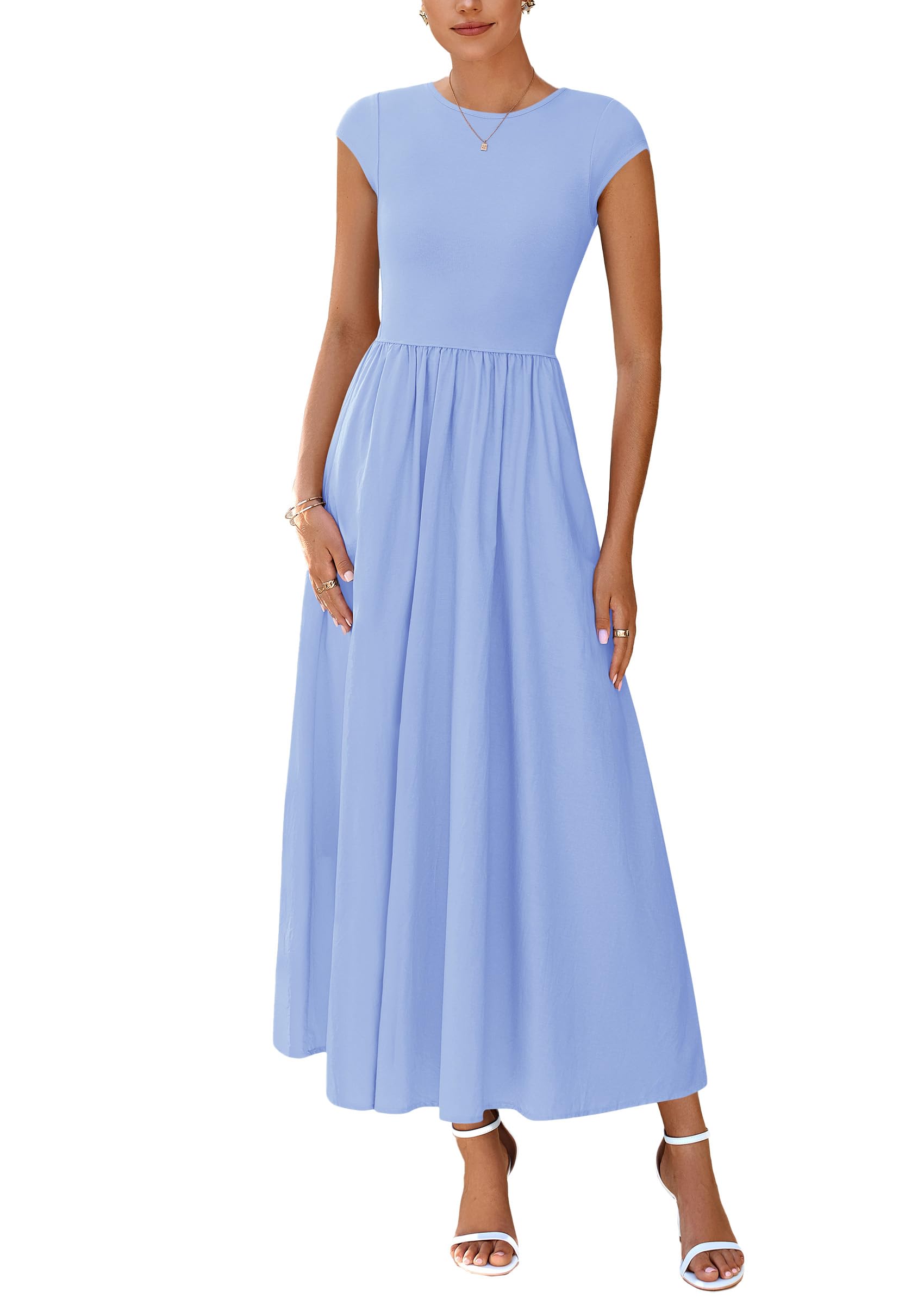 Photo 1 of (MEDIUM) (BAGGED) PRETTYGARDEN Women's 2025 Summer Casual Long Dresses Cap Sleeve Patchwork A Line Flowy Modest Elegant Homecoming Maxi Dress (Light Blue,Medium)