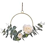 Shiny Flower Floral Hoop Wreath Artificial Rose Flower and Eucalyptus Vine Wreath Hanging Wall Hoop Wreath for Wedding Backdr