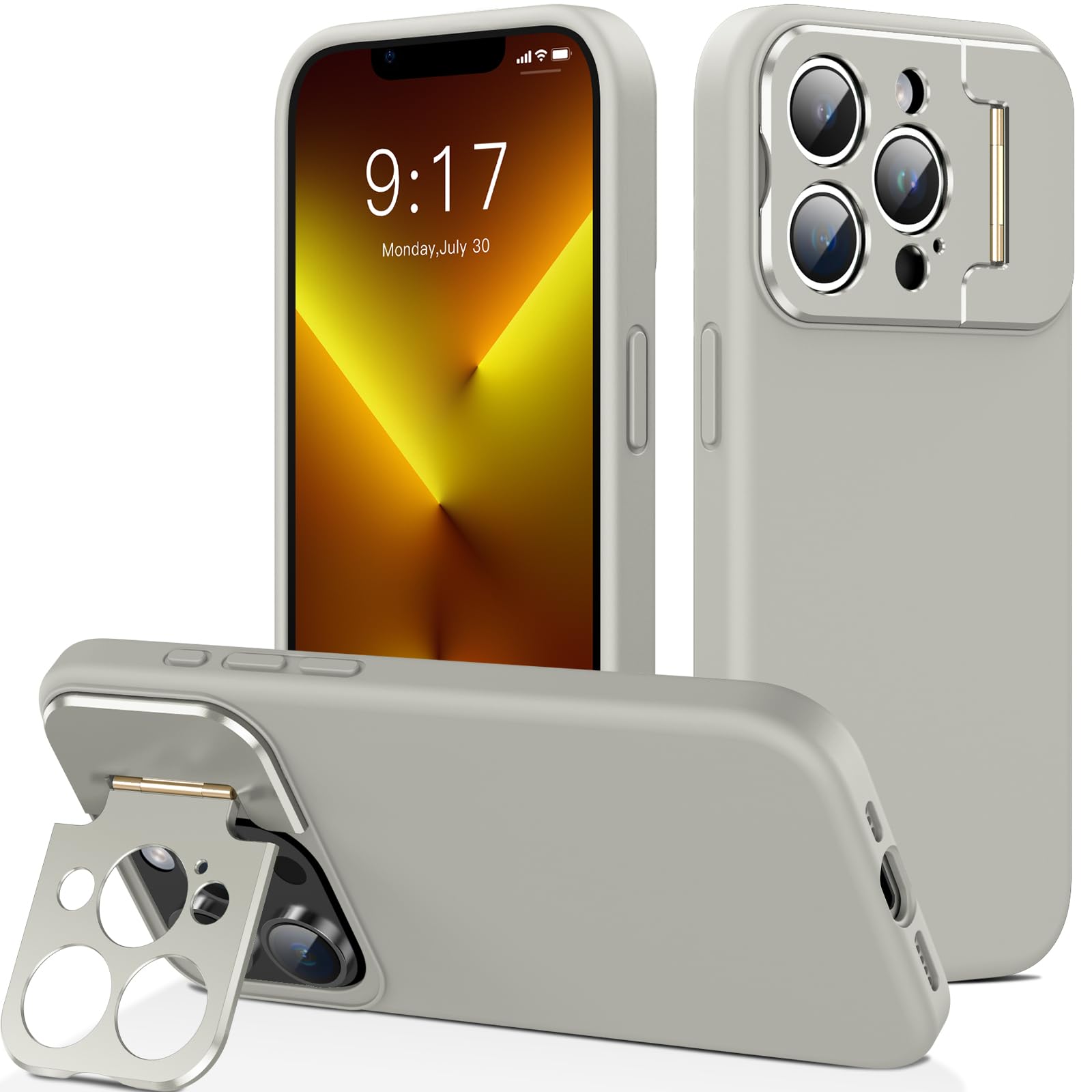 Photo 1 of cillen for iPhone 13 Pro Max Case, with Built-in Stand,Silicone Phone Case [Drop Protection] Ultra Slim Cover Shockproof Phone Cases Soft Anti-Scratch Microfiber Lining Inside, 6.7 inch,Pebble Gray