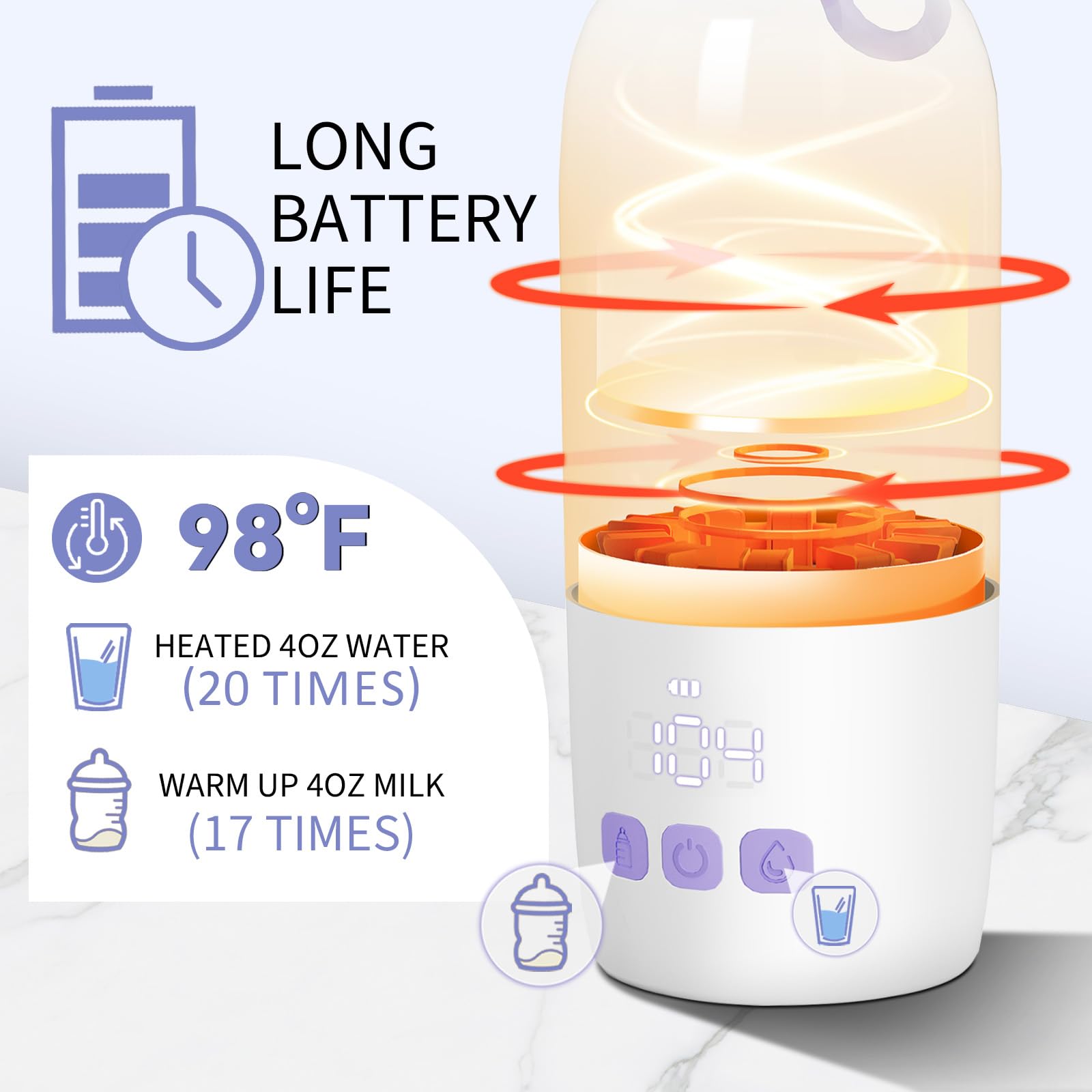 Portable Bottle Warmer for Travel - Large 12oz Capacity with Dual Heating Modes for Breast Milk & Water, Fast Heating Smart Temperature Control, Portable Milk Warmer Gifts for New Mom Purple