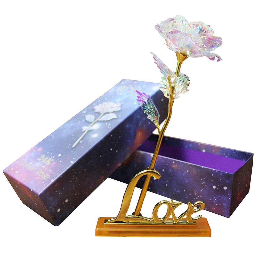 Youngine Creative Colorful Rose Artificial Flowers 24K Gold Foil Rose Full Blossom Presents for Mother's Day | Valentine's Day | Anniversary | Birthday | Wedding, Romantic Gift for Her with Box & Base