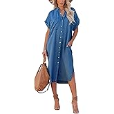 chouyatou Women's Summer Loose Hand Pocket Midi Long Tunic Denim Shirt Dress