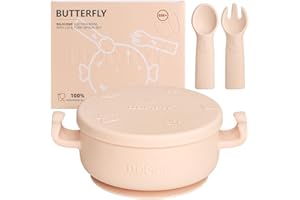 Dommy Butterfly Baby Feeding Set/Suction Bowl With Spoon&Fork|Feeding Supplies| Baby Led Weaning Supplies|Toddler Utensils|Self Feeding Eating Utensils,Pink