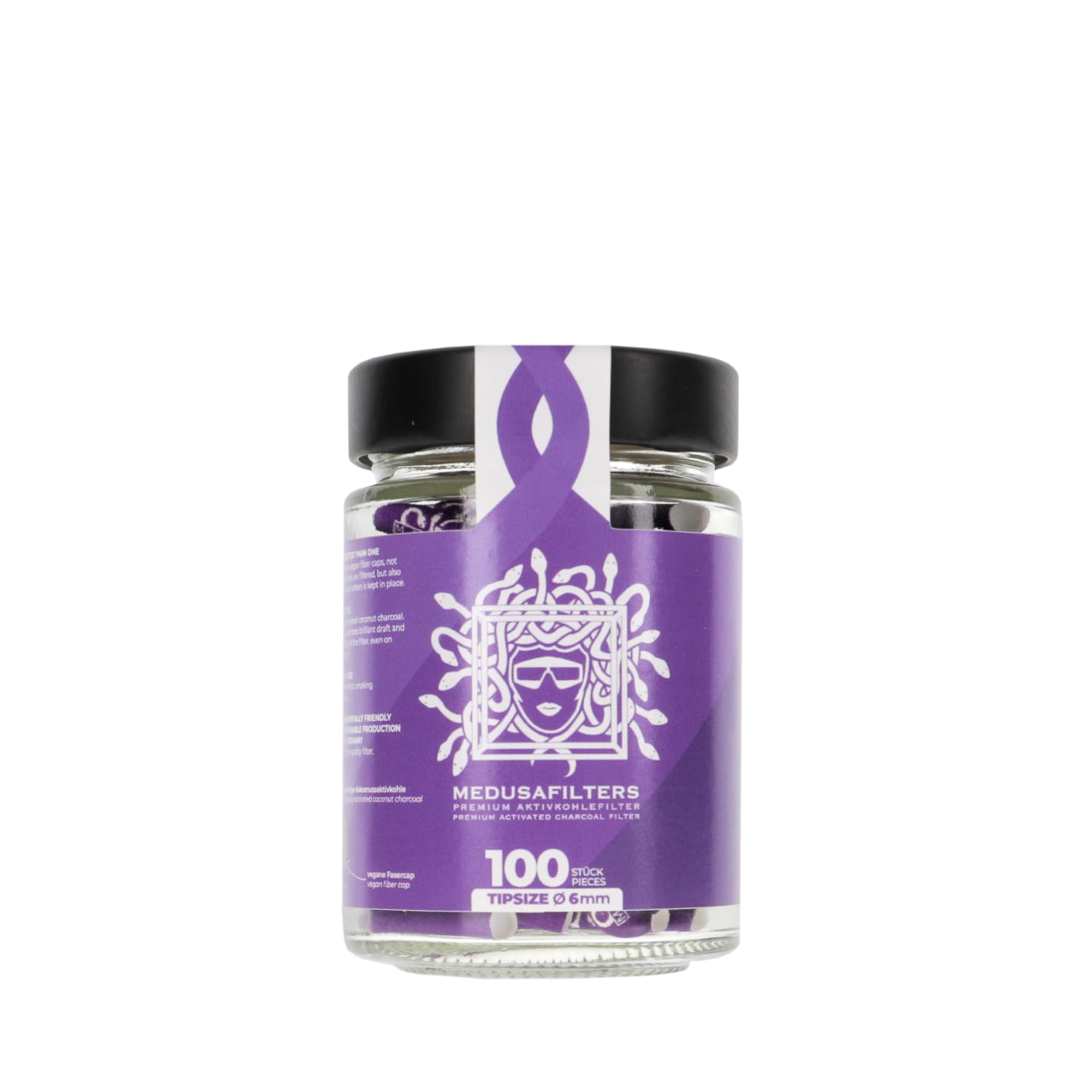 Medusafilters 100 Premium Carbon Filters Slim in a Glass Ø 6mm | Tip Size | Violet Edition | with Vegan Fibre caps and Coconut Shell Activated Carbon