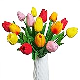 Huahuashijie 15 Stems Multicolor Flowers PU Real Touch Tulip Artificial Flowers Bouquet for Spring Wreath Wedding Bouquet Festival Party Home Office Décor DIY (Mix 4 Color)