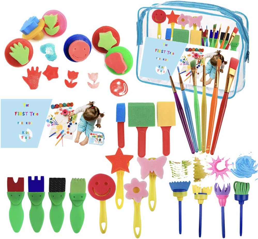 28PCS Sponge Paint Brushes Kits,Kids Early Learning Painting Drawing Tools,Mini Flower Paint Sponge Brushes Set for Toddlers Children DIY Craft Project