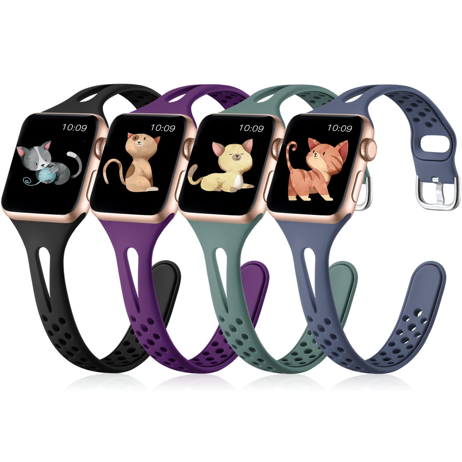 Getino Compatible with Apple Watch Bands 38mm 40mm 41mm 42mm Women Men, Soft Durable Breathable Thin Slim Narrow Band for iWatch Series 11 10 9 8 7 6 5 4 3 2 1 SE 3/2/1, Black/Plum/Pinegreen/Bluegray