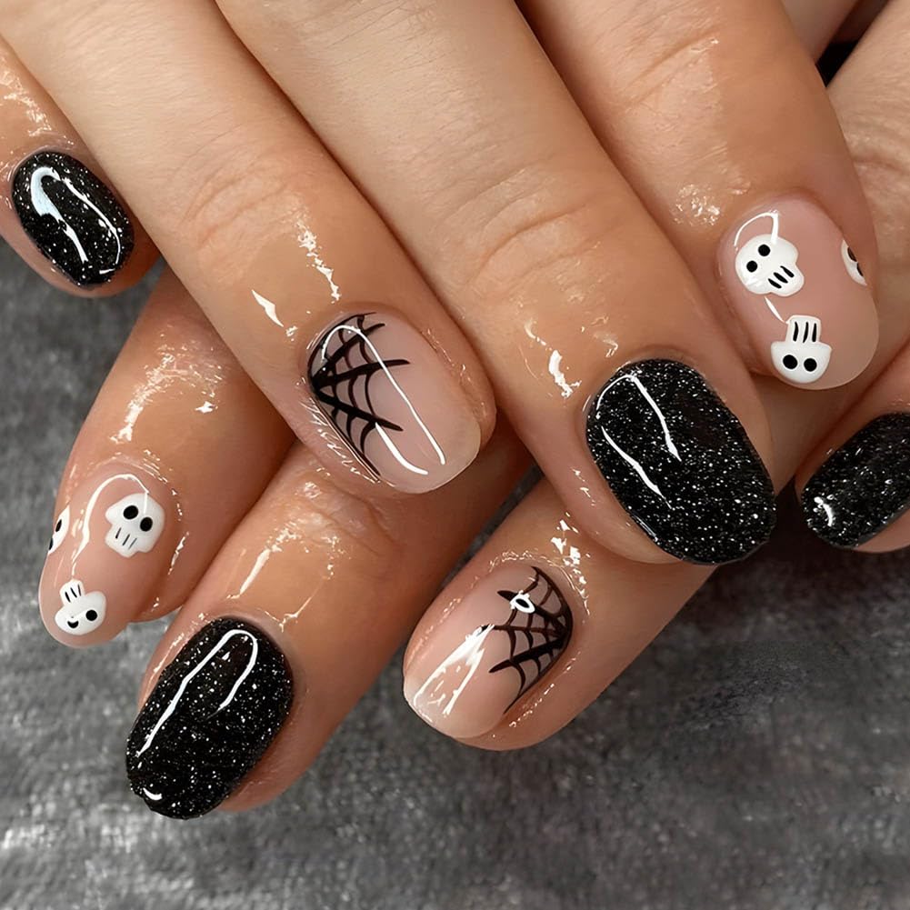 Carufin 24Pcs Black Spider Web False Nails Short Nails Ghost Design Fake Nails Press On Nails for Women