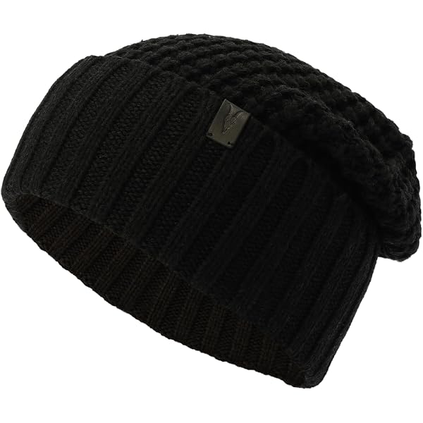 AllSaints Mens Merino Ribbed Beanie, Ribbed Hat with Logo Design