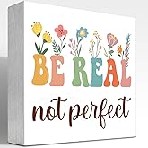 z-crange Be Real Not Perfect Inspirational Wooden Box Sign,Motivational Wood Block Decor for Home Bedroom Office Farmhouse Shelf Wall Desk Decor
