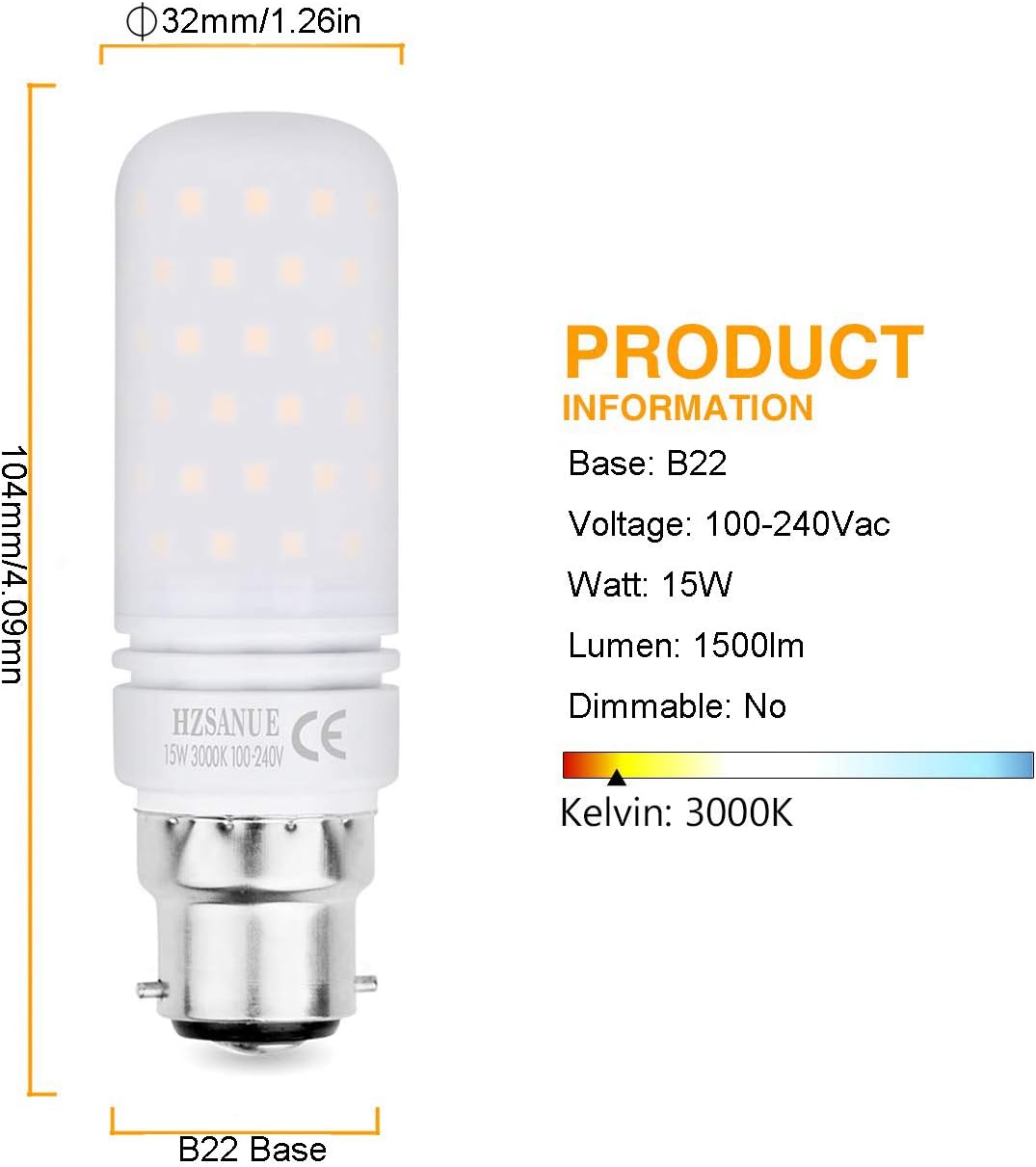 HZSANUE Led Light Bulbs 15W, 120W Incandescent Bulbs Equivalent, 1500Lm, 3000K Warm White, B22 Bayonet Cap Corn Bulbs, Pack of 4 - Image 3