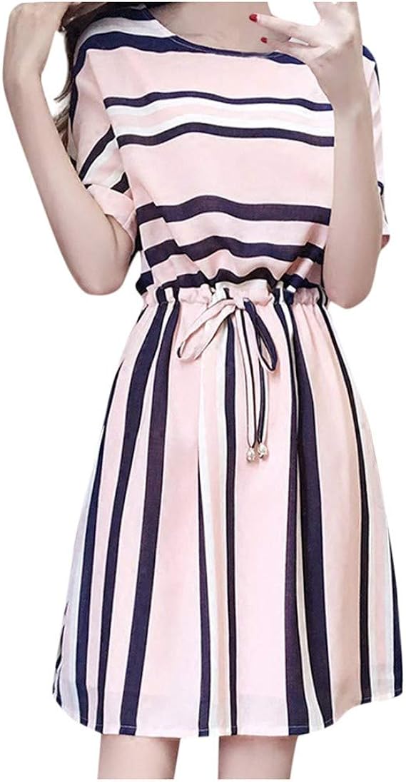 Amazon レースワンピース レディース 春夏 ドレス 半袖 膝丈 ストライプ 上品 きれいめ エレガント 着痩せ ゆったり 柔らかい フォーマル 通勤 結婚式 パーティー パフスリーブ ワンピース チュニック 通販