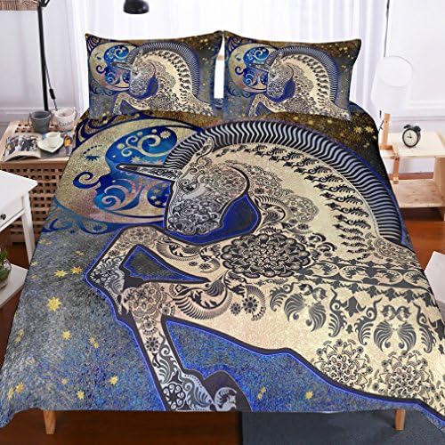 APJJQ Unicorn Bedding Set Twin Size,Black/Gold Unicorn Jumpping into The Sky with Twikkle Stars Gold/Blue 2 Piece(1 Duvet Cover 1 Pillow Sham) Duvet Cover Set for Kids,Children,Boys and Teens
