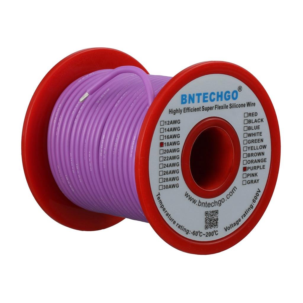 BNTECHGO 18 Gauge Silicone Wire Spool Purple 100 ft Ultra Flexible High Temp 200 deg C 600V 18AWG Silicone Rubber Wire 150 Strands of Tinned Copper Wire Stranded Wire for Model Low Impedance