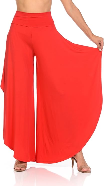 Ladybug Women's Solid Long Pants Flowy Wide Leg Palazzo Pants Fold Over Side Slit S-Plus Sizes 