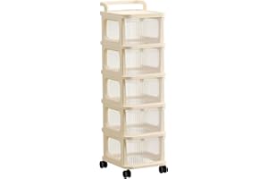 VODUR Plastic Storage Drawer Cart, Medium Home Organization Storage Container with 5 Large Drawers w/Removeable Wheels, White Frame with Clear Drawers and Black Casters, Set of 1